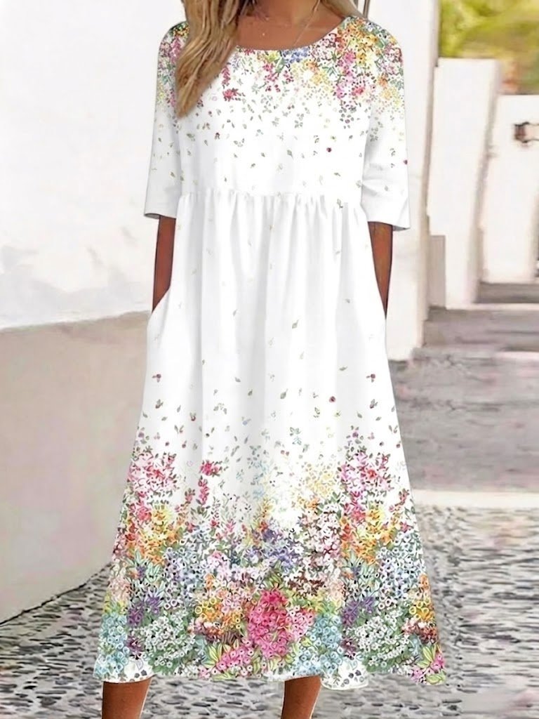 Women's White Floral Print Maxi Dress Short Sleeve Casual Loose Dress with Pockets