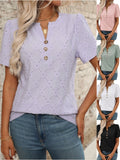 Women's short-sleeved T-shirt summer light purple pure cotton V-neck hollow daily out casual top