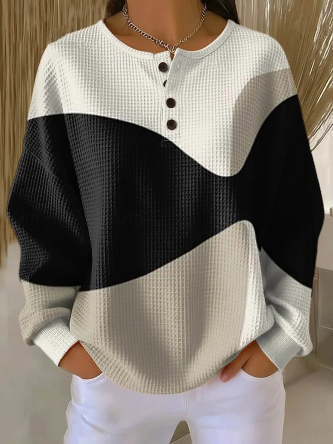 Women's Abstract Print Button-Up Casual Waffle Knit Sweatshirt