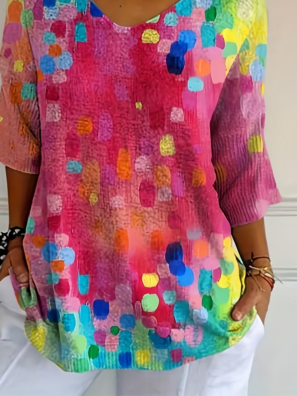 Women's Three Quarter Sleeve T-shirt Spring/Fall Pink Abstract Printing V Neck Daily Going Out Casual Top
