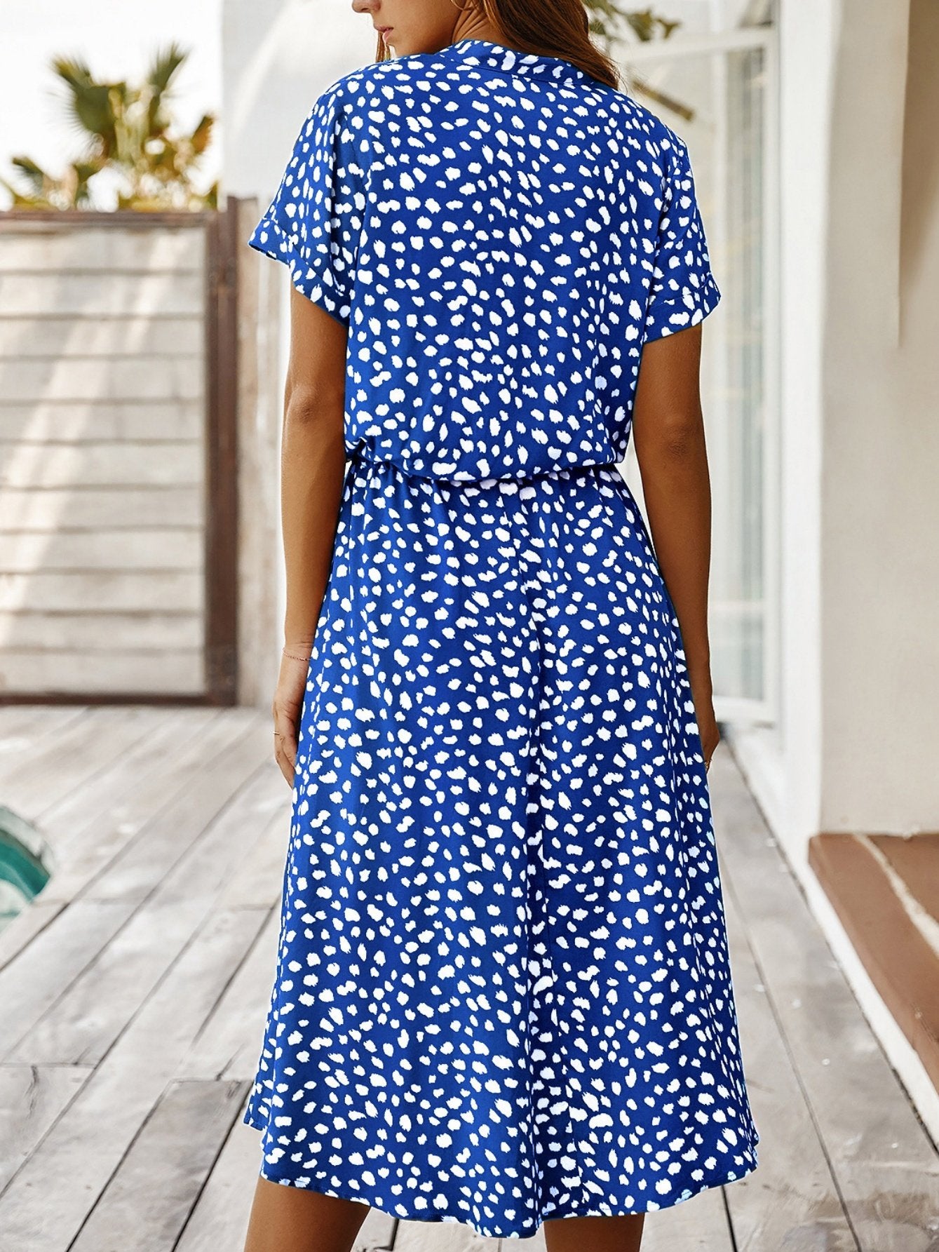 Women's Short Sleeve Summer Blue Polka Dots Split Joint V Neck Daily Going Out Vintage Maxi A-Line T-Shirt Dress Dress