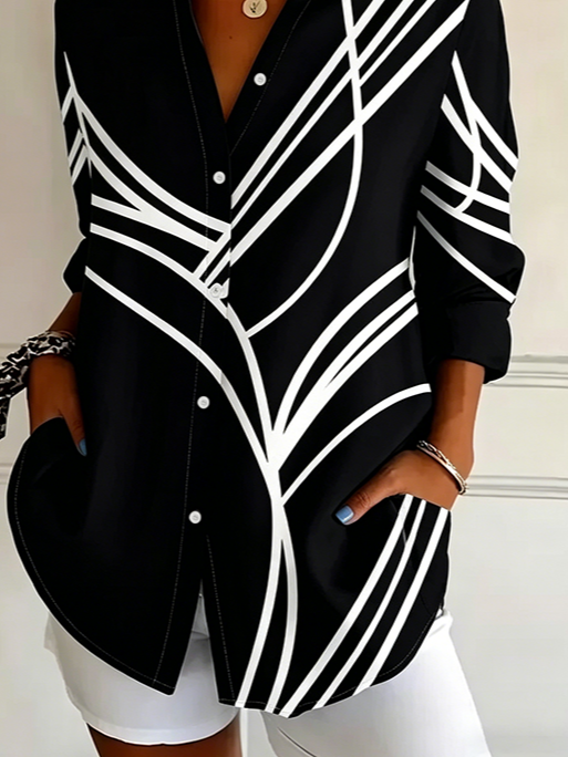 Women's Long Sleeve Shirt Spring/Fall Black Abstract Buckle Shirt Collar Regular Sleeve Daily Going Out Casual Top