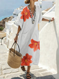 Elegant 3D Big Scale Flower Printing Short Sleeved V Neck Pocket Summer Vacation Casual Maxi Dress