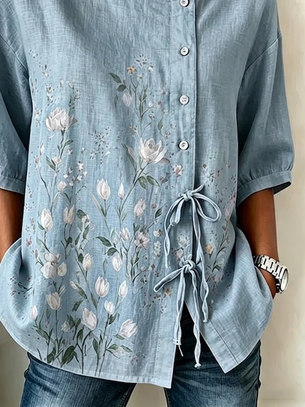 Women's Half Sleeve Shirt Summer Blue Floral Crew Neck Daily Going Out Vintage Top