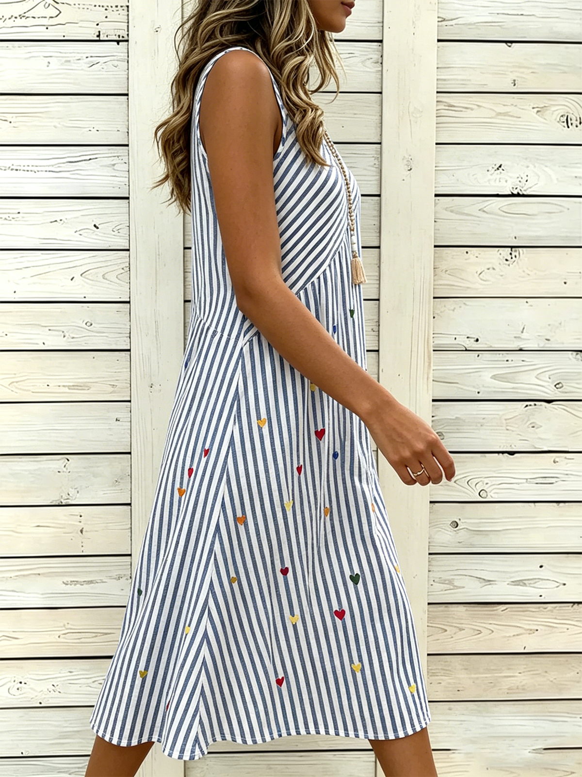 Women’s Vertical Stripe Heart Print Sleeveless V Neck Midi Dress Casual Boho Sundress