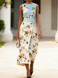 Blue & Cream Magnolia Floral Sleeveless Wrap Midi Dress