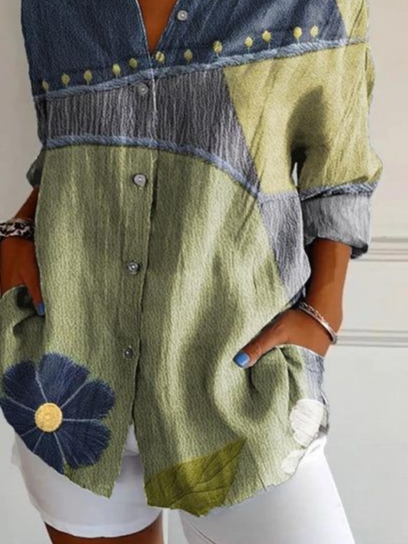 Women's Long Sleeve Shirt Spring/Fall As Picture Abstract Buckle Shirt Collar Regular Sleeve Daily Going Out Casual Top