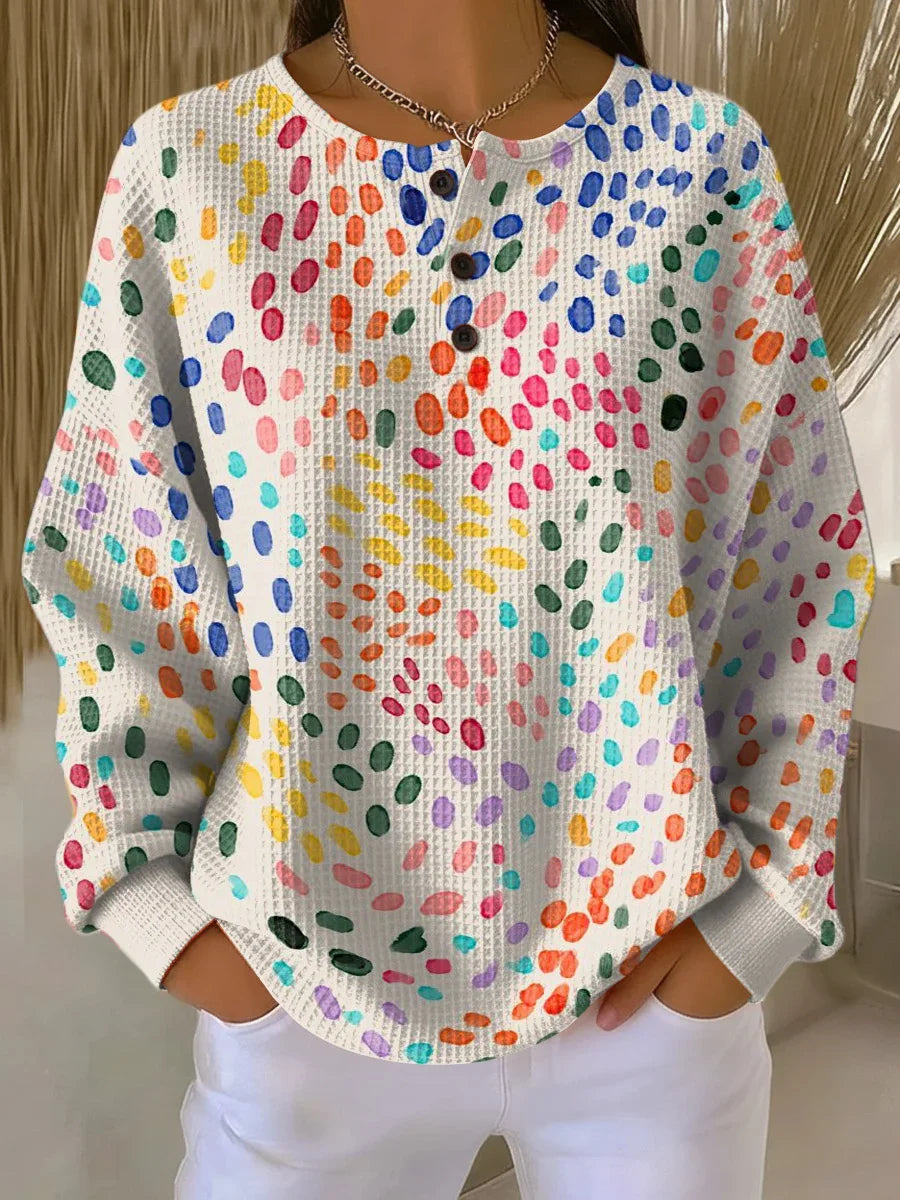 Women's Abstract Print Button-Up Casual Waffle Knit Sweatshirt