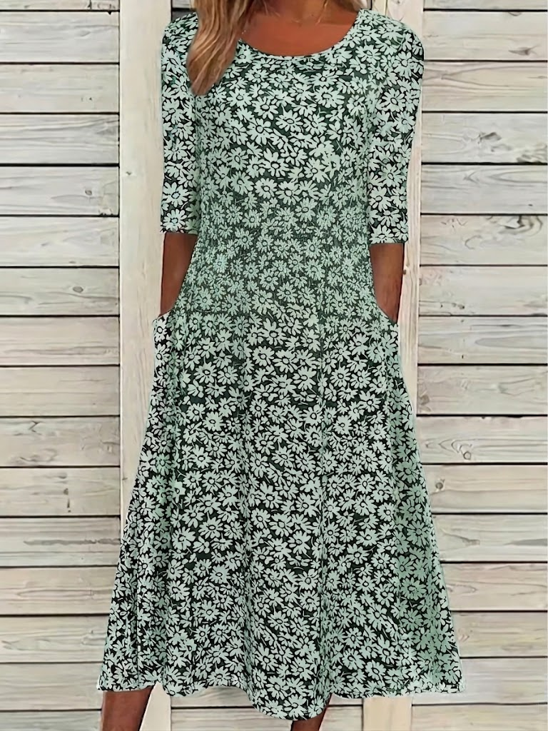 Women's Short Sleeve Summer Green Floral Printing Crew Neck Daily Going Out Casual Maxi H-Line Shift Dress Dress