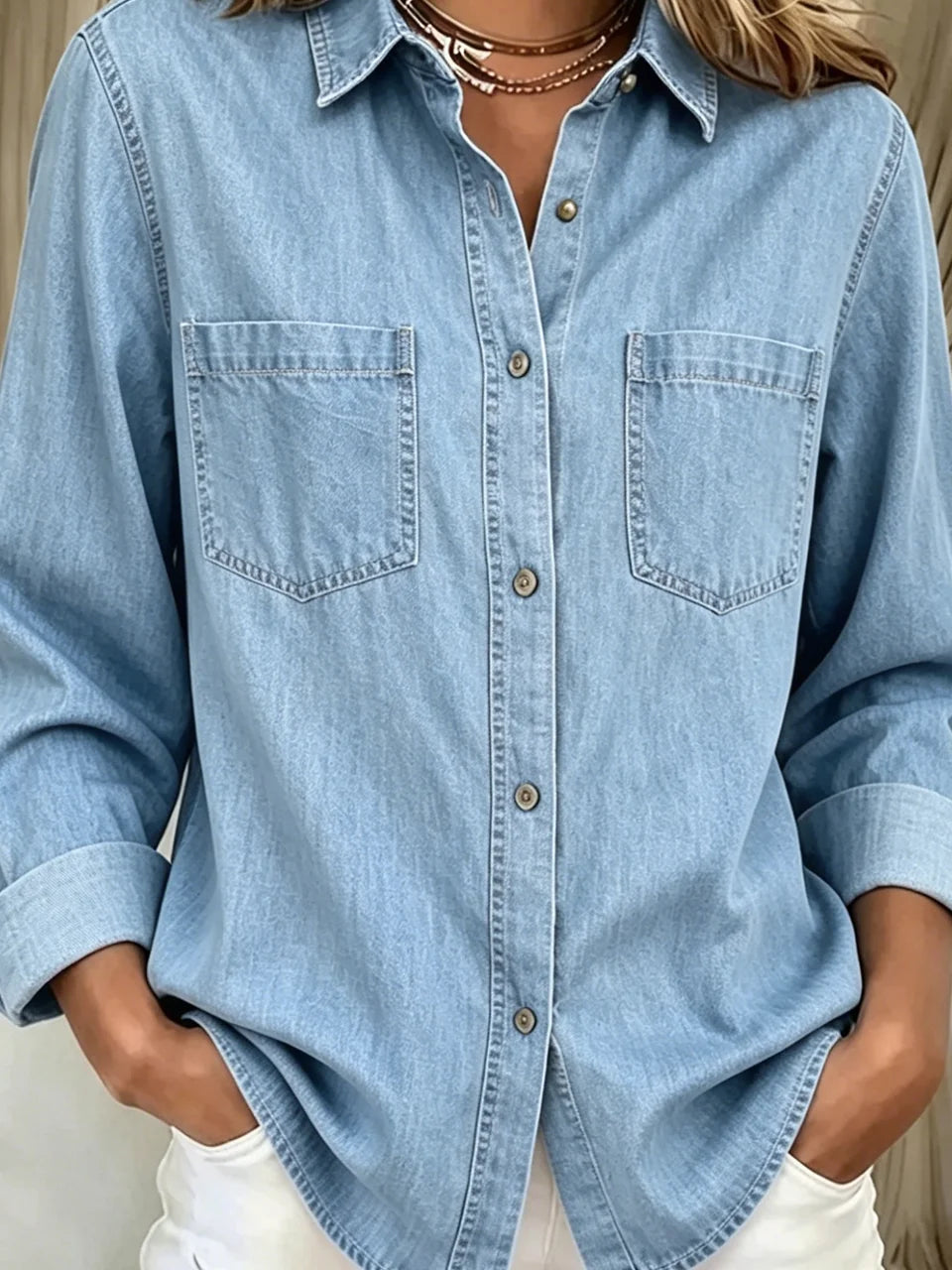 Denim Casual Shawl Collar Plain Shirt