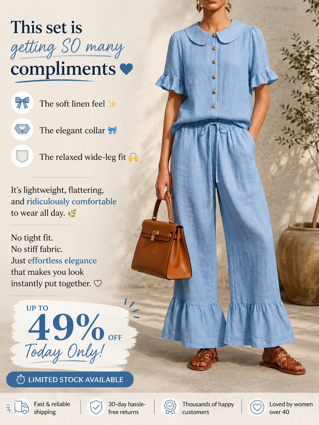 Today 49% off🔥Stylish Ruffled Shirt And Wide-leg Pant Linen Two-piece Set
