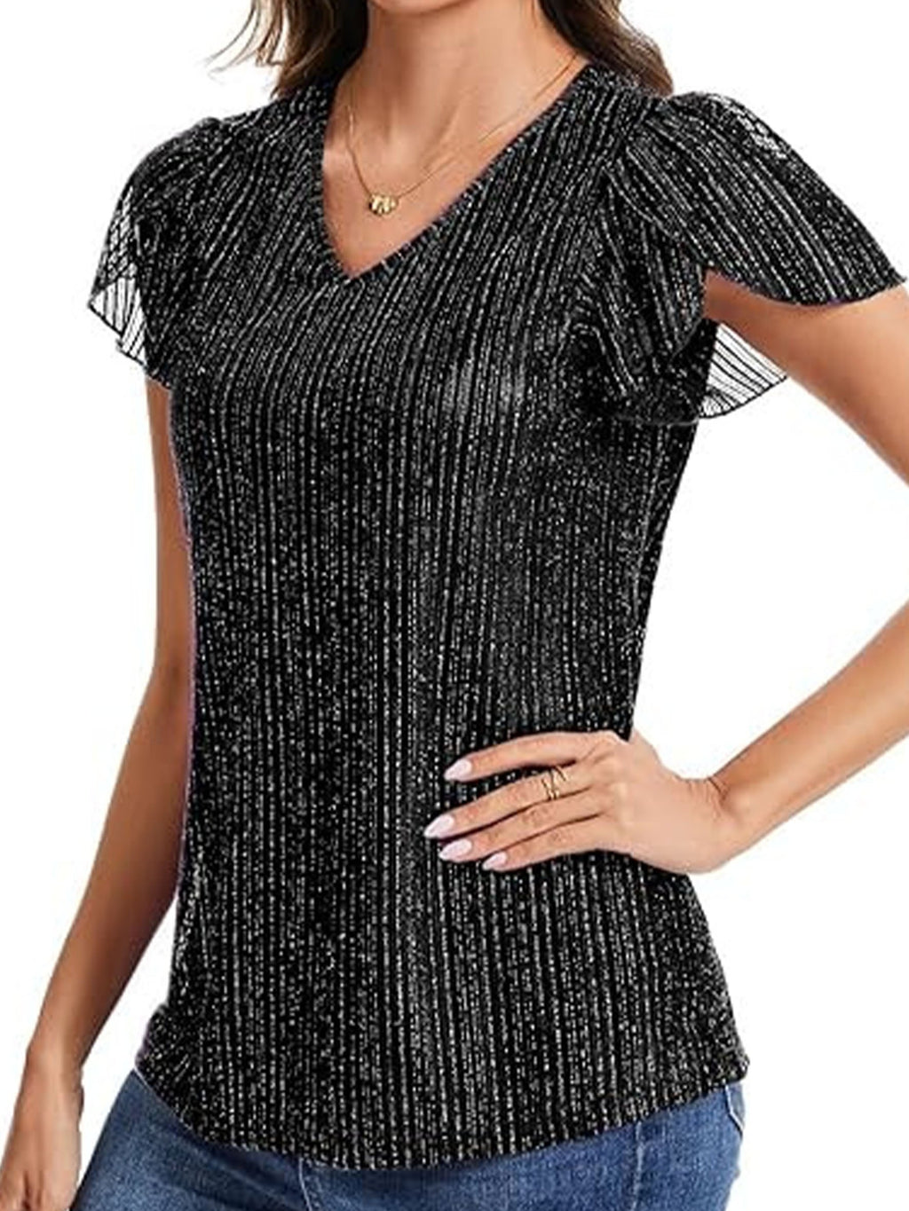 Women's Glitter V Neck Short Sleeve Top Summer Going Out Party Elegant T-Shirt