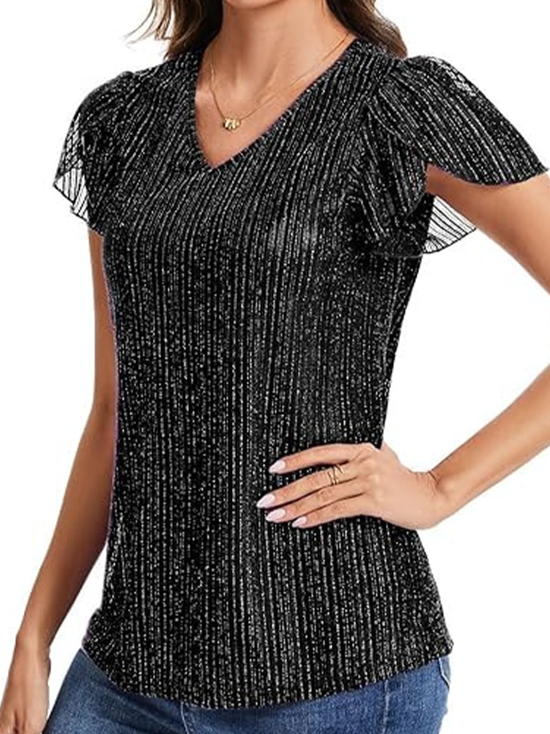 Women's Glitter V Neck Short Sleeve Top Summer Going Out Party Elegant T-Shirt