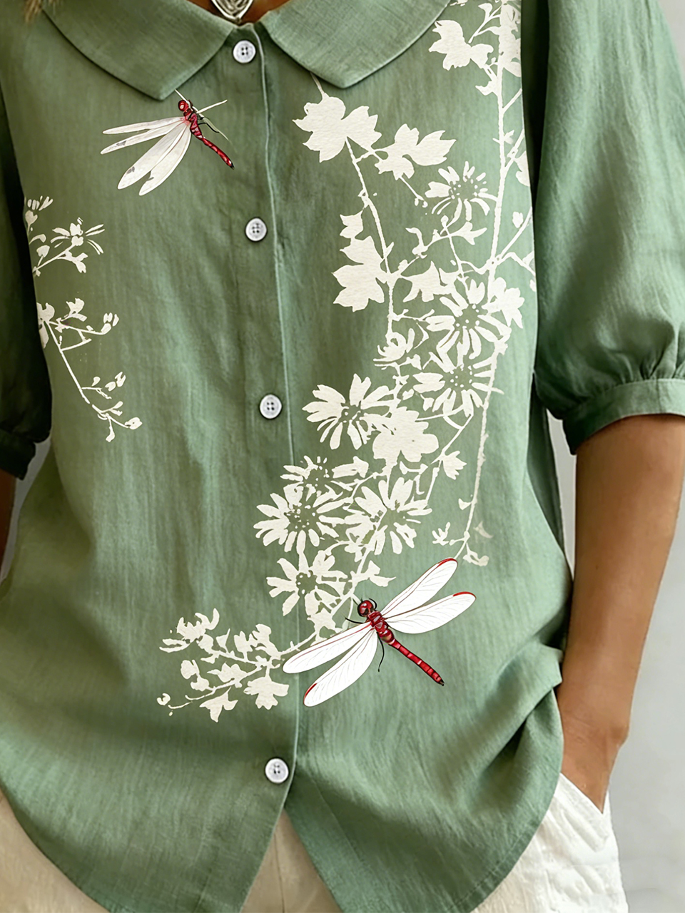 Vintage Dragonfly Linen Blend Shirt