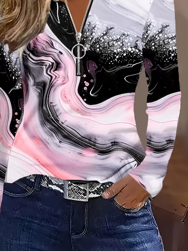 Women's Long Sleeve T-shirt Spring/Fall As Picture Abstract Printing V Neck Daily Going Out Vintage Top