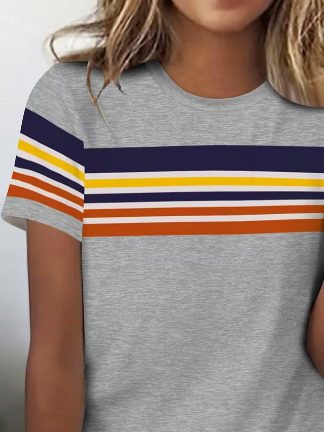 Women's Short Sleeve T-shirt Summer Gray Striped Printing Jersey Crew Neck Daily Going Out Casual Top