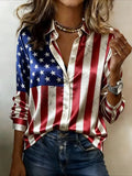 Women's USA 250th Anniversary Long Sleeve Shirt Spring/Fall As Picture America Flag Shawl Collar Daily Going Out Casual Top