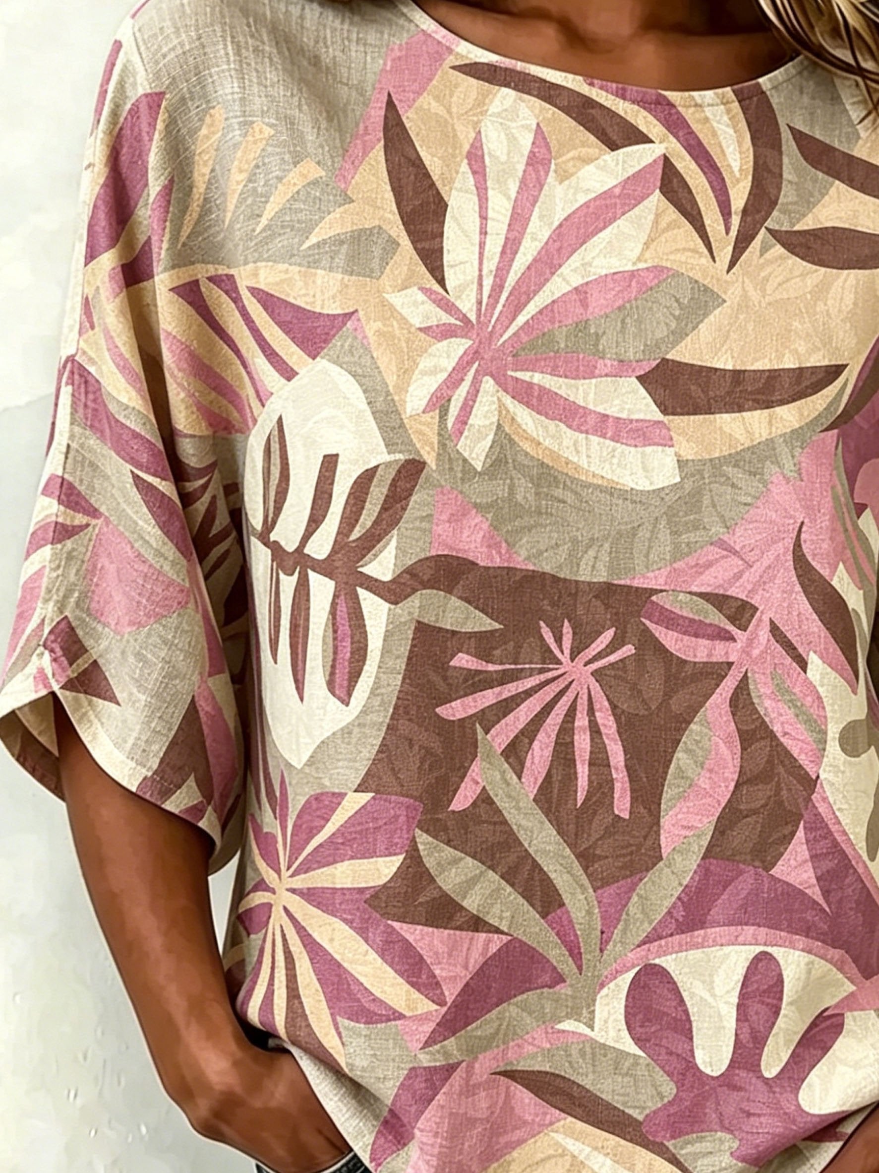Cotton And Linen Pink Floral Vintage Loose Casual Top