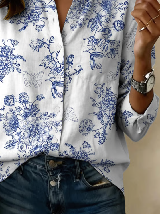 Women's Long Sleeve Shirt Spring/Fall White Floral Printing Stand Collar Daily Going Out Casual Top