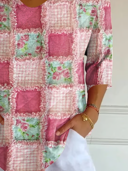 Women's Three Quarter Sleeve T-shirt Spring/Fall Pink Floral Printing V Neck Daily Going Out Casual Top