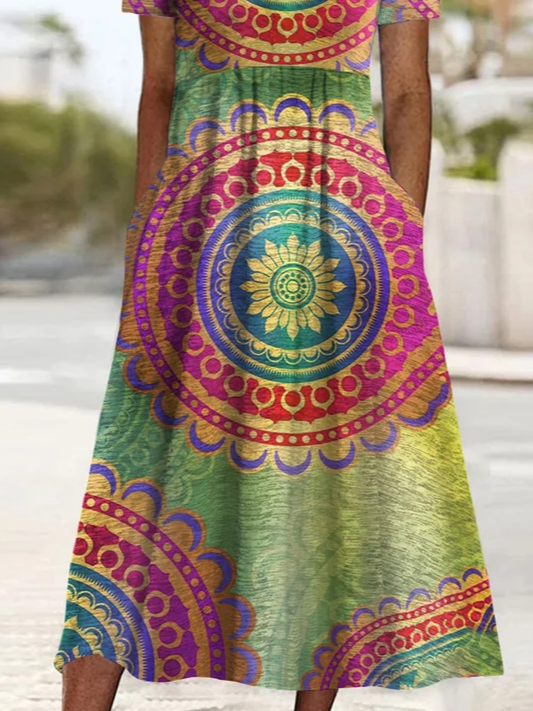Women's Short Sleeve Summer As Picture Ethnic Printing Crew Neck Daily Going Out Casual Maxi H-Line Shift Dress Dress