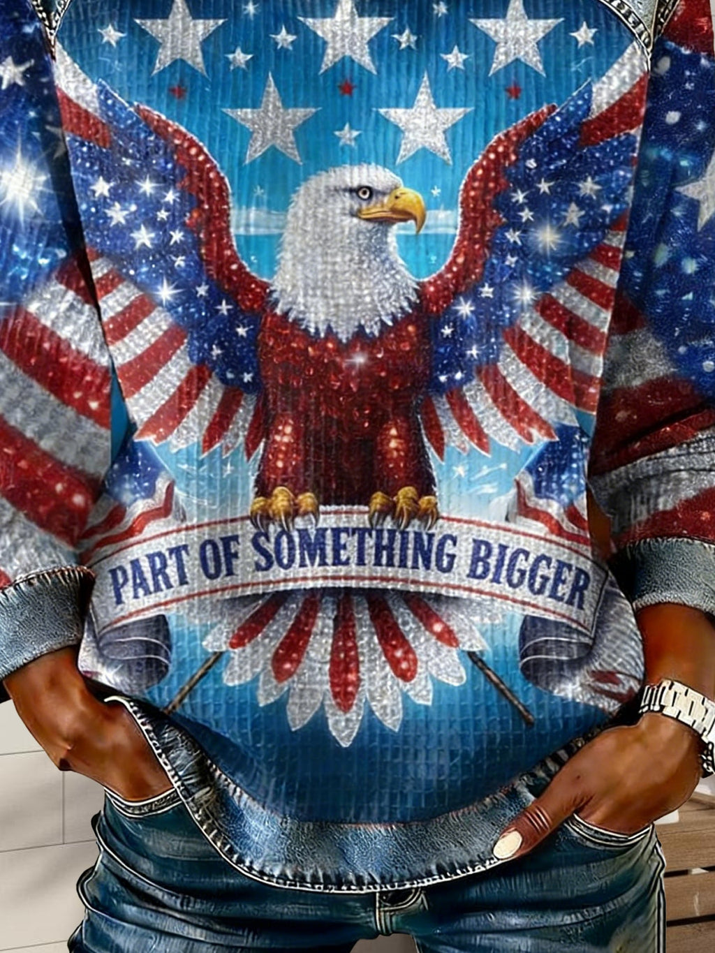 Street Denim Color Block Eagle Old Glory Round Neck Long Sleeve Independence Day Going Out Casual Sweatshirt