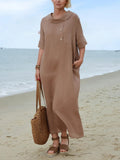 Casual Plain Loose Stand Collar Midi Dress