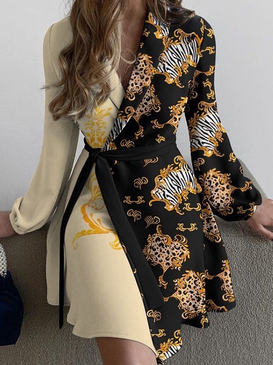 Women's Long Sleeve Spring/Fall Black Floral Split Joint V Neck Daily Going Out Vintage Mini A-Line Hip Skirt Dress