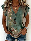 Gradient Pattern Vintage Loose Ruffle Sleeve Others T-Shirt
