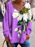 Women's Long Sleeve T-shirt Spring/Fall Purple Floral V Neck Daily Going Out Casual Top