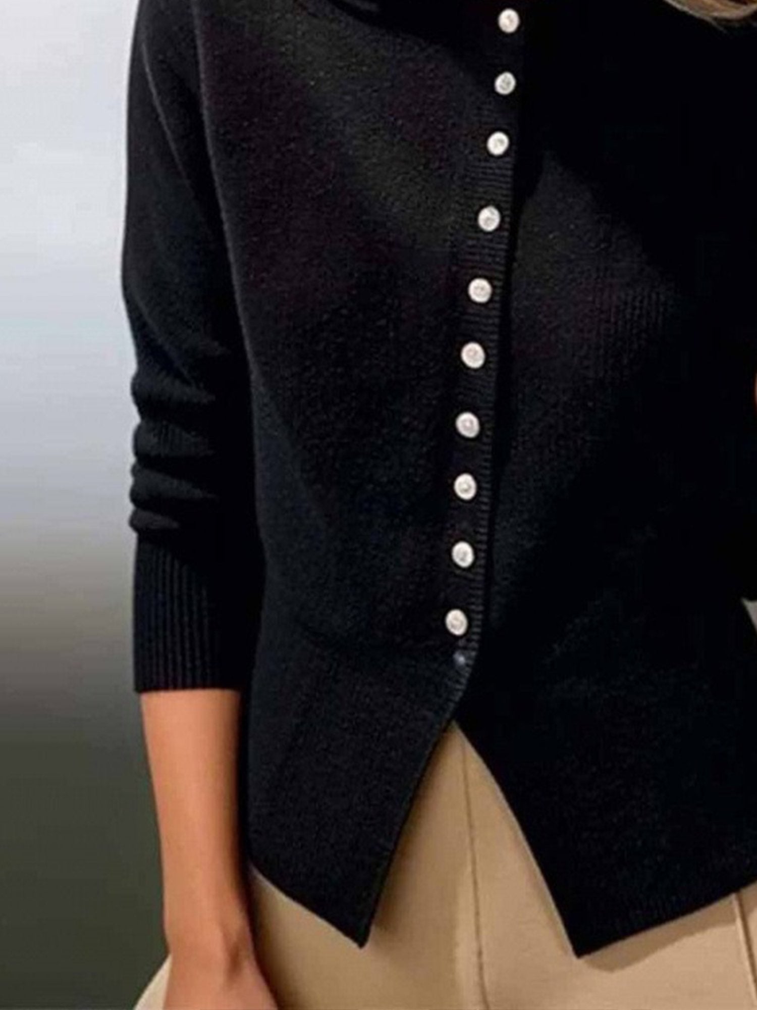 Urban Plain Buttoned Crew Neck Regular Sleeve Sweater