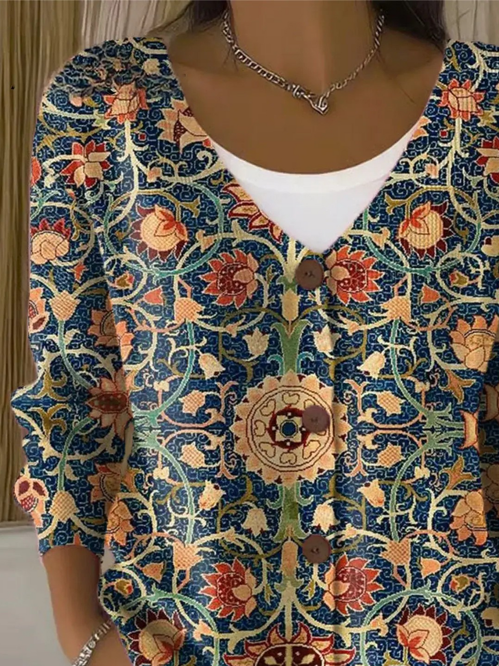Vintage Flower Art Print Buttoned V-neck Cardigan Sweater
