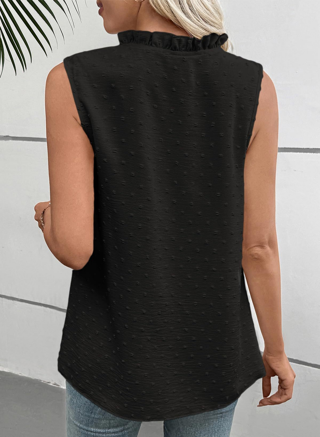Dots Jaquard V-Neck Ruffle Sleeveless Lace Going Out Casual Top