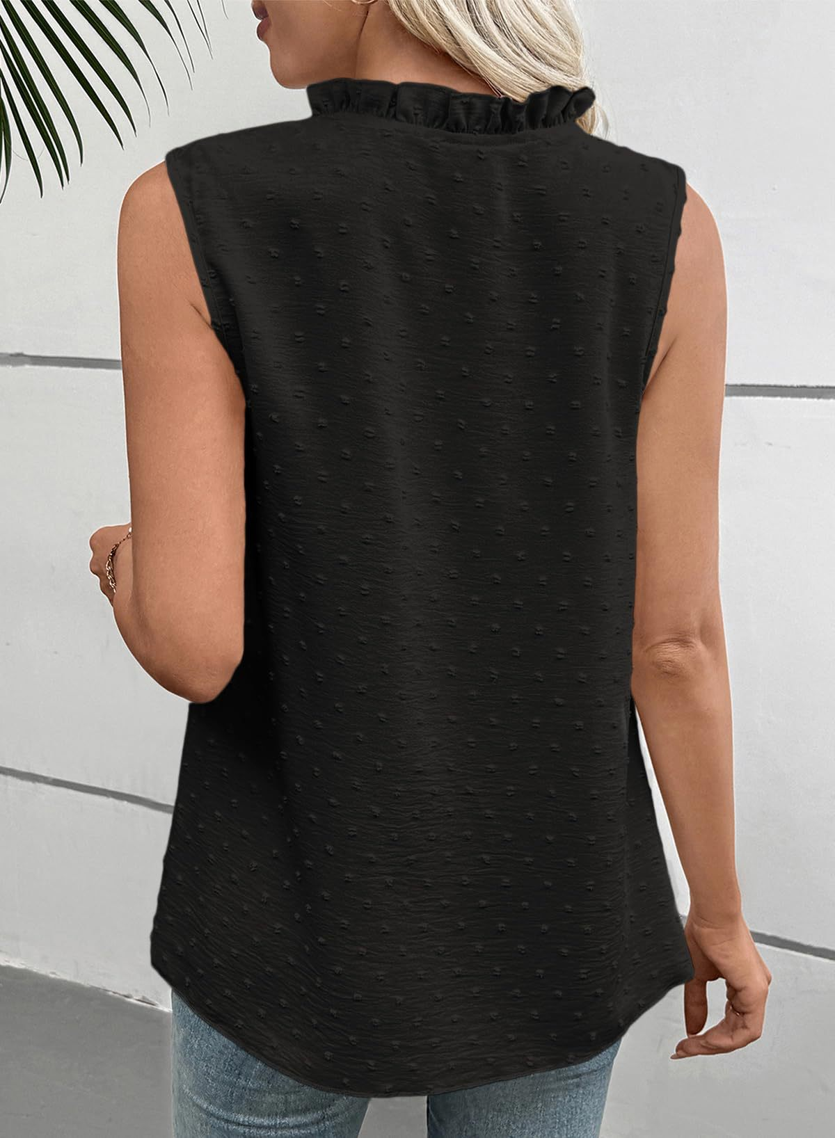 Dots Jaquard V-Neck Ruffle Sleeveless Lace Going Out Casual Top