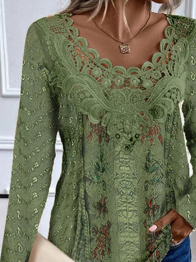 Casual Random Print Crew Neck Lace Shirt