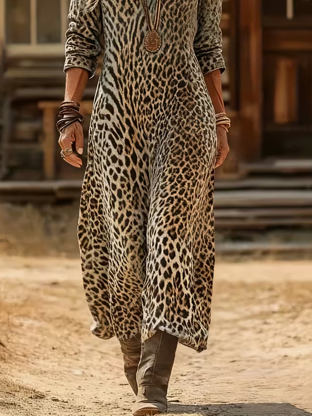 Women's Long Sleeve Spring/Fall Brown Leopard Printing V Neck Daily Going Out Vintage Maxi H-Line Dress