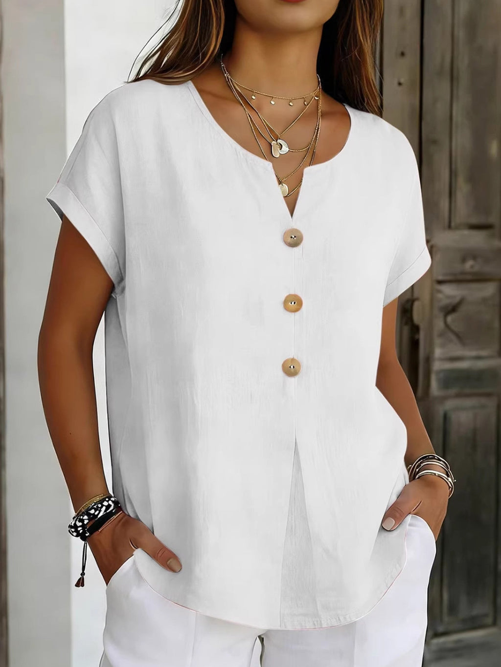 Cotton And Linen Plain Elegant Loose V Neck Short Sleeve Button Casual Shirt