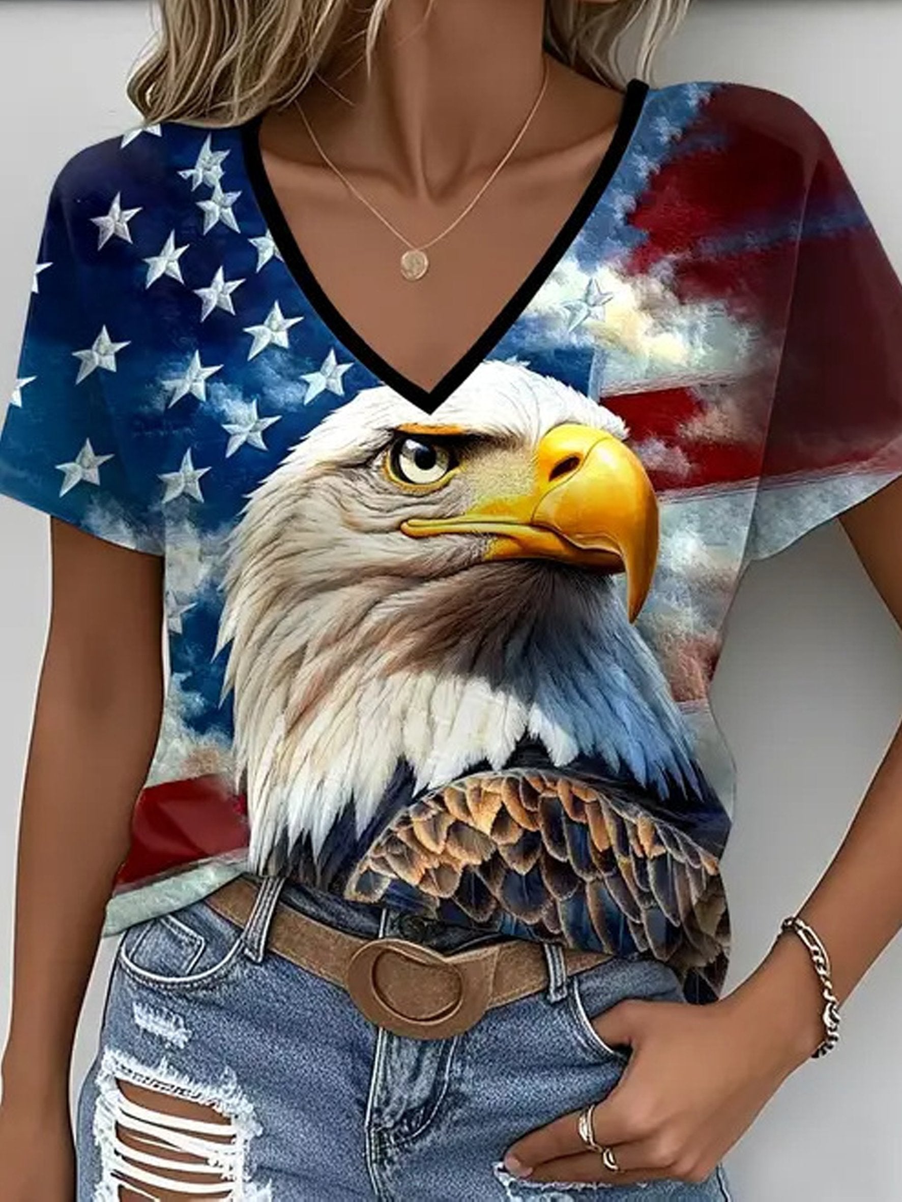 3D Printing America Flag Eagle Old Glory Vintage V Neck Short Sleeve Casual T-Shirt