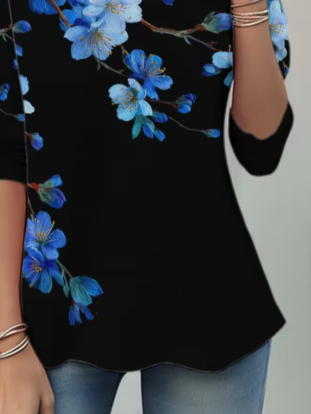 Women's Long Sleeve T-shirt Spring/Fall Black Floral Jersey Crew Neck Daily Going Out Casual Top