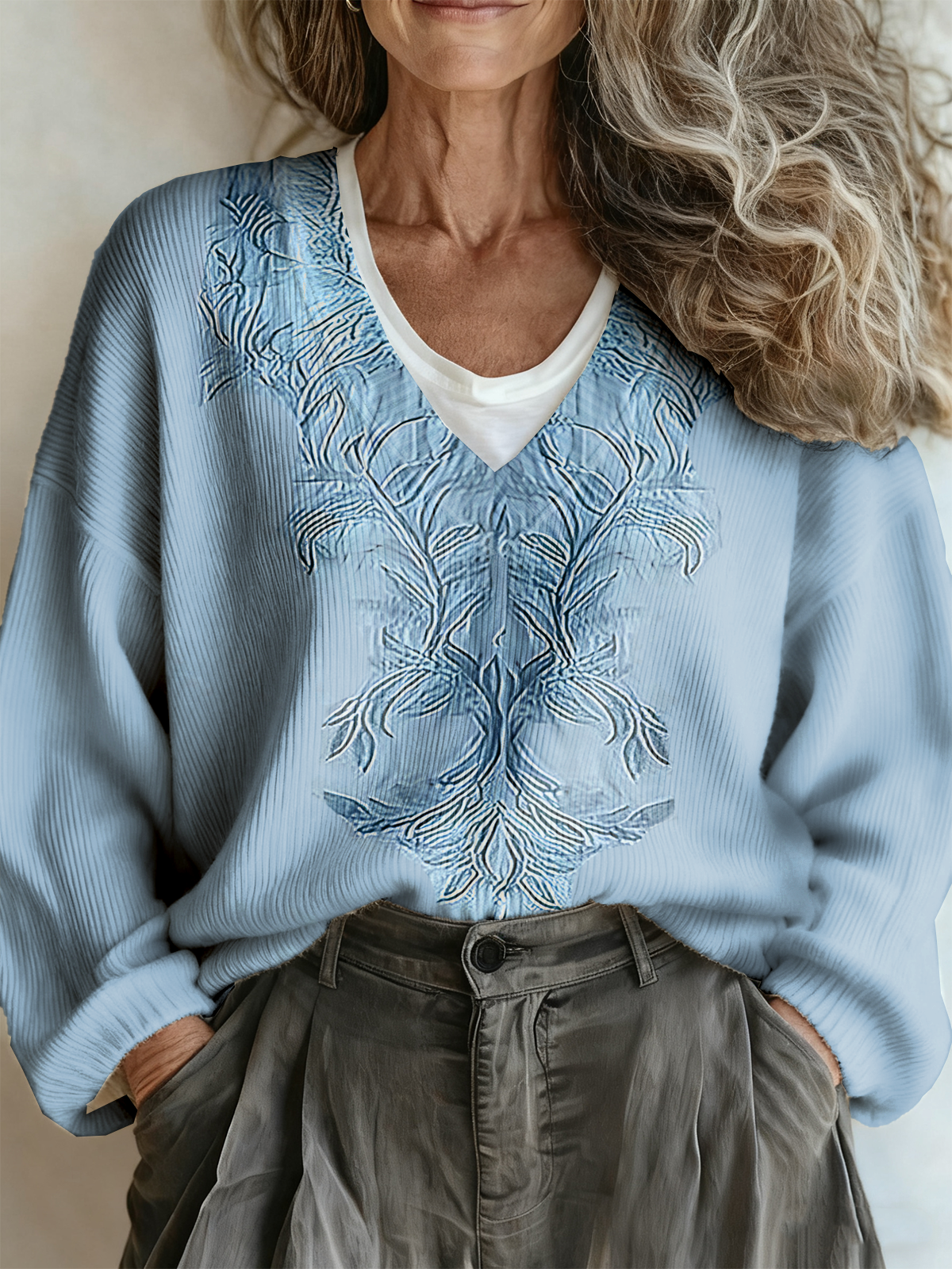 Geometric Vintage Loose V Neck Sweater