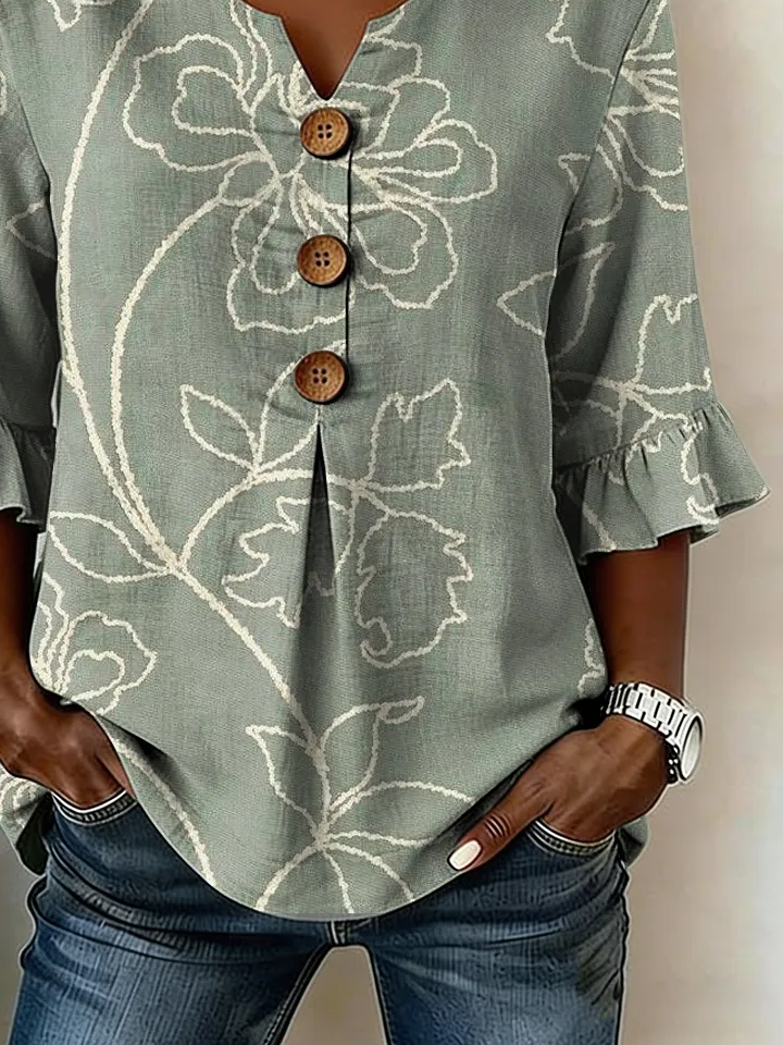 Women's Half Sleeve Blouse Summer Green Floral Printing V Neck Daily Going Out Vintage Top