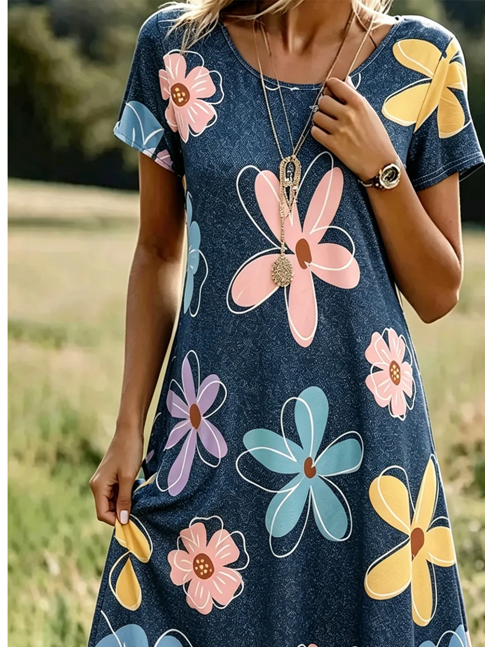 Vintage Faux Denim Print Graphic Dress With No
