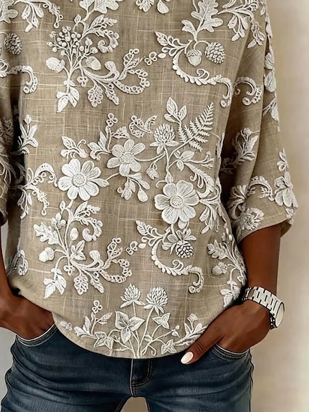 Women's Half Sleeve Blouse Summer Khaki Floral Printing Crew Neck Daily Going Out Vintage Top