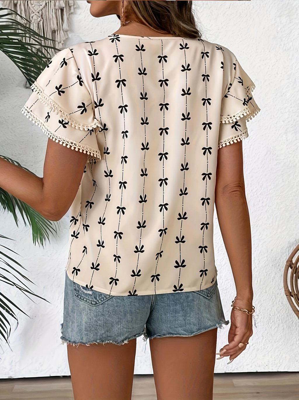 Bow Print Chiffon Crew New Short Sleeve Lace Trim Vacation Casual Blouse