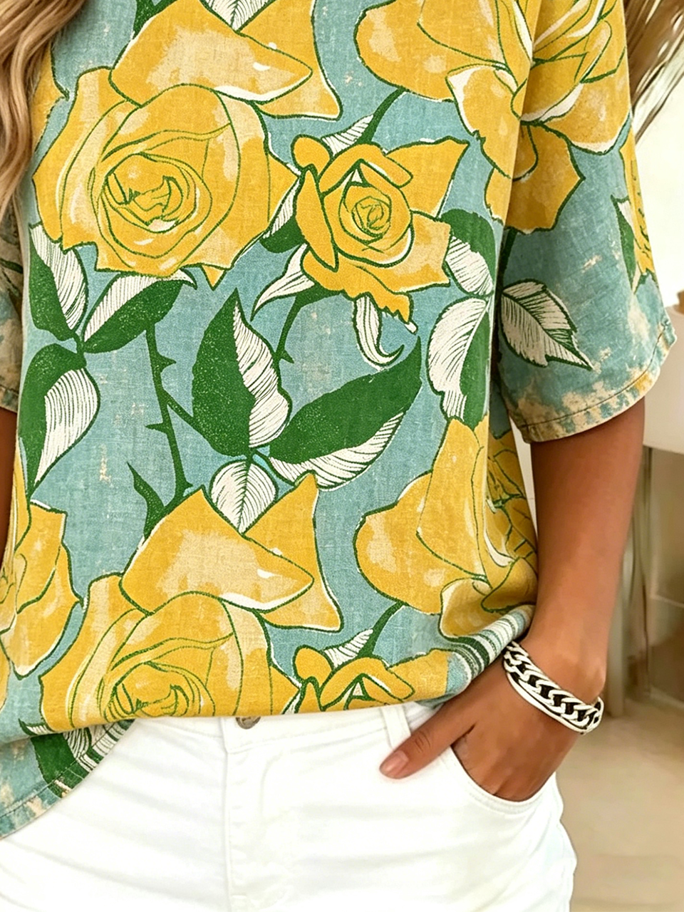 Casual Cotton-Blend Floral T-Shirt