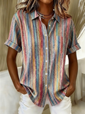 Women's Short Sleeve Shirt Summer As Picture Abstract Stripes Printing Shirt Collar Daily Going Out Casual Top