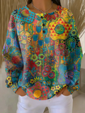 Women's Flowers Print Button-Up Casual Waffle Knit Sweatshirt