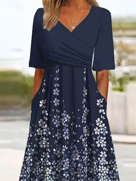 Women's Navy Gradient Floral Print Maxi Dress V-Neck Elbow Sleeve Wrap Waist A-Line Dress