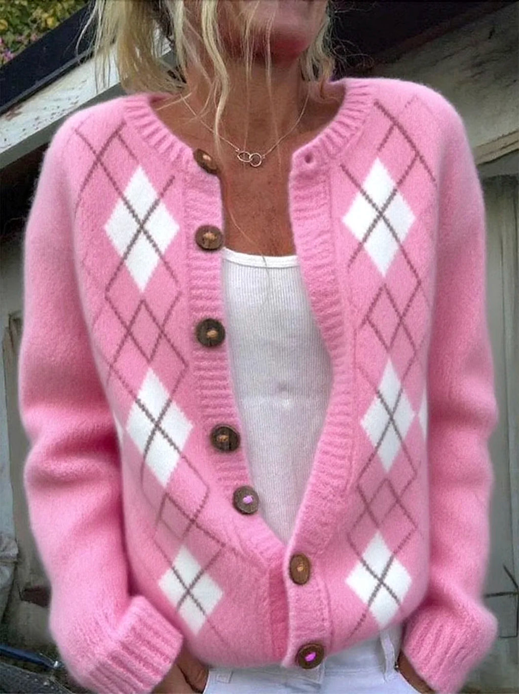 Women Geometric Casual Micro-Elasticity Daily Loose Cardigan