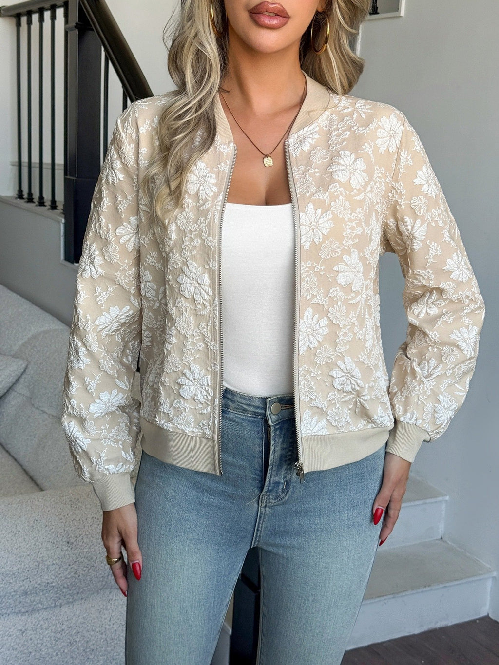 Ethnic Regular Fit Stand Collar Autumn And Winter New Jacquard Zipper Jacket Loose Temperament Commuting Casual Tops Women's Coat